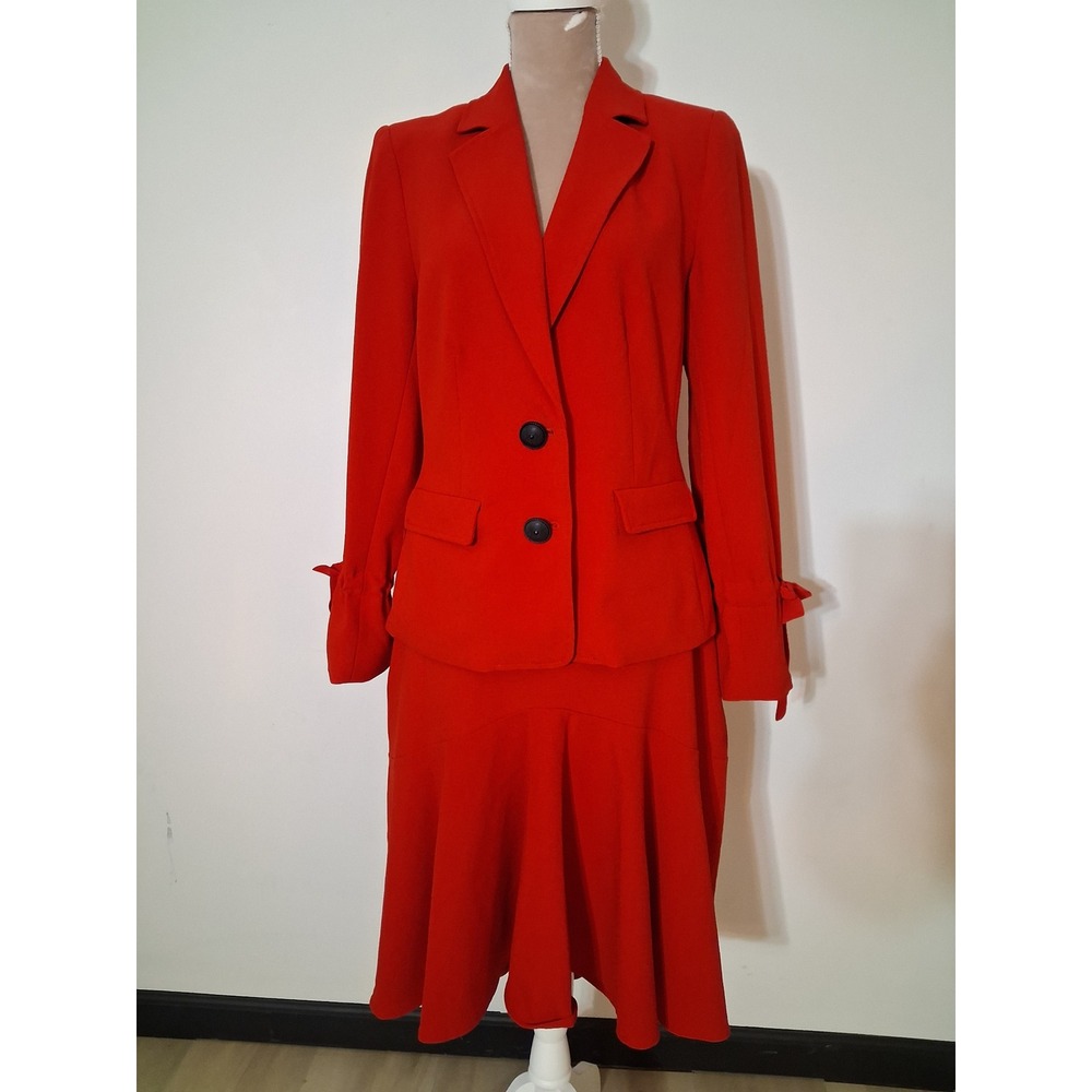 Nanette Nanette Lepore Womens Red 2 Piece Skirt Suit Blazer Set Size 8 Bow Cuff